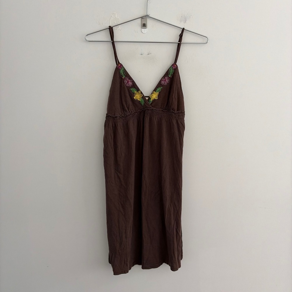 Roxy Brown Embroidered Floral V-Neck Mini Dress Large